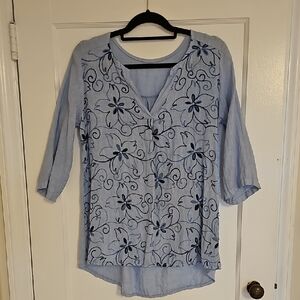 Floral Embroidered Blue Women's Top